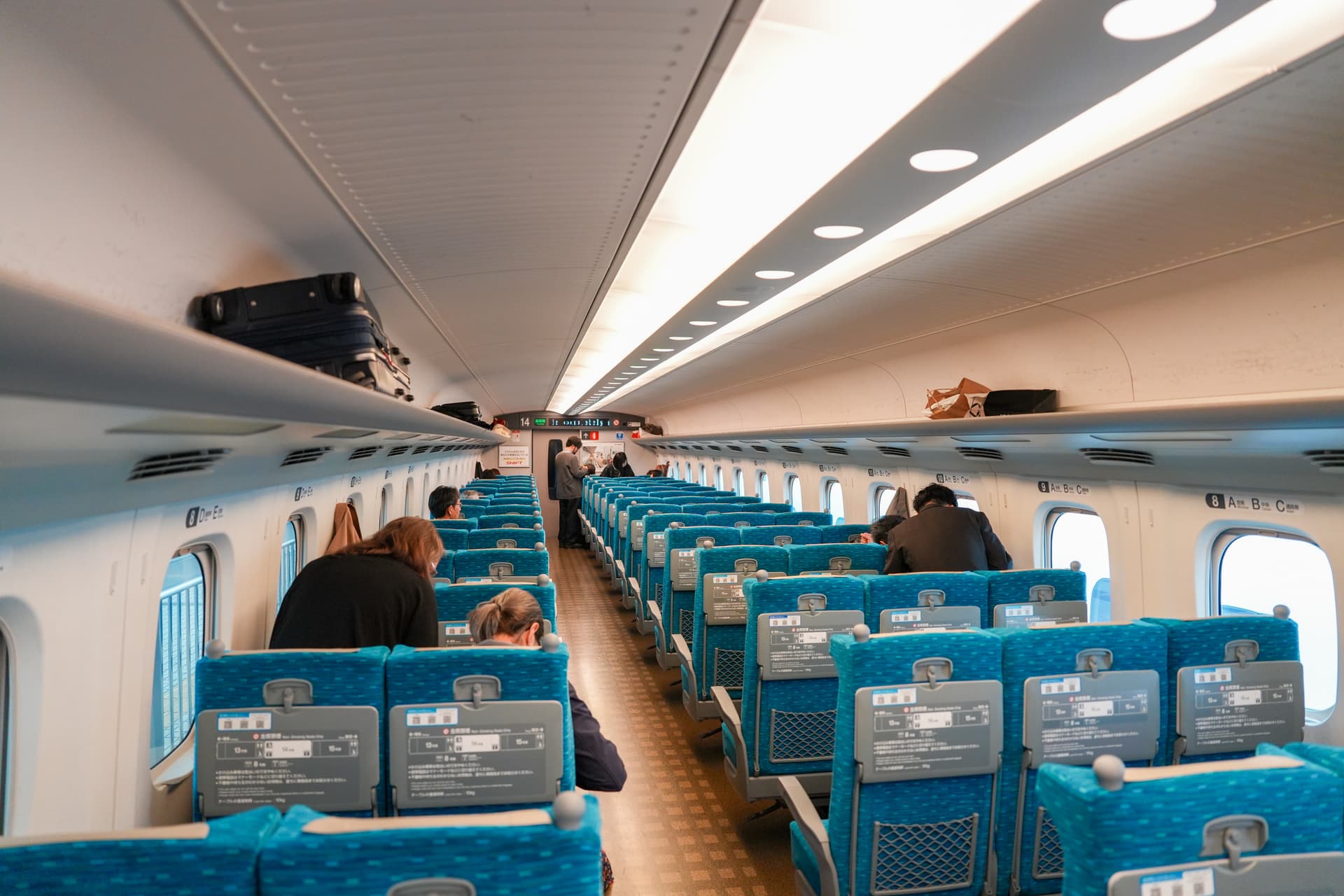 Cabin interior — 2-3 seat layout with overhead luggage racks