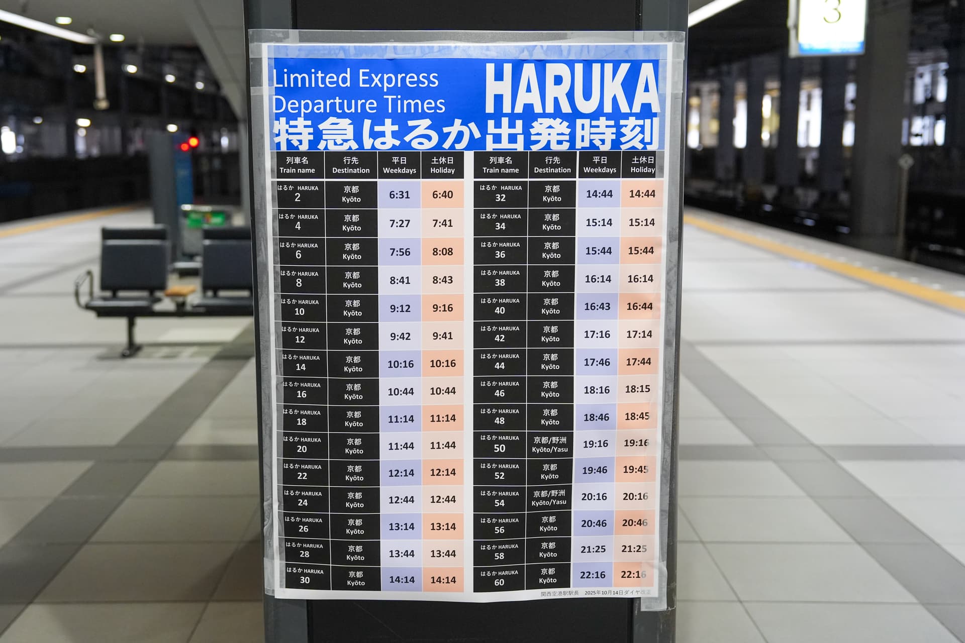 하루카 특급 출발 시간표 안내판