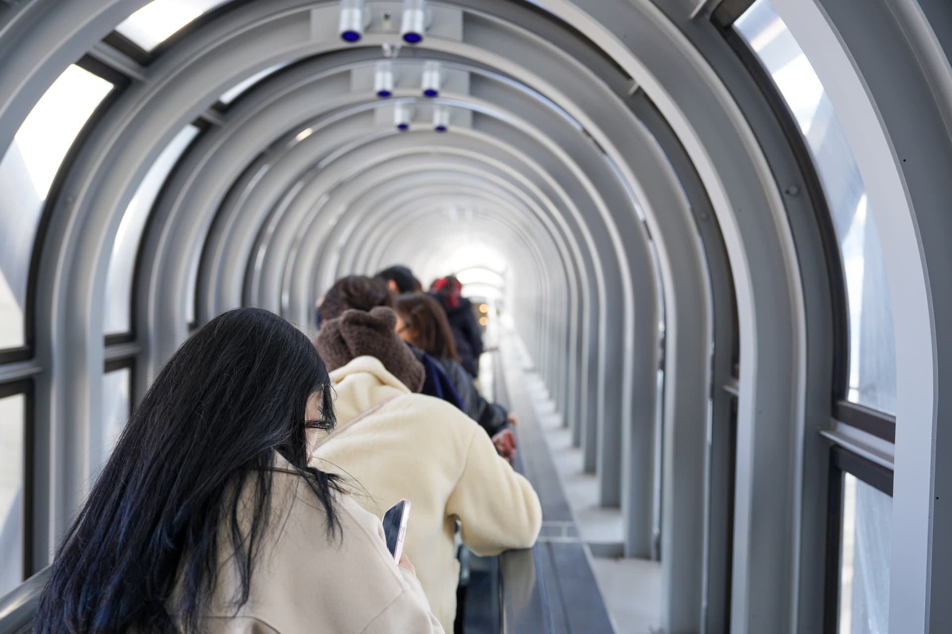 Aerial escalator tunnel between the twin towers of Umeda Sky Building