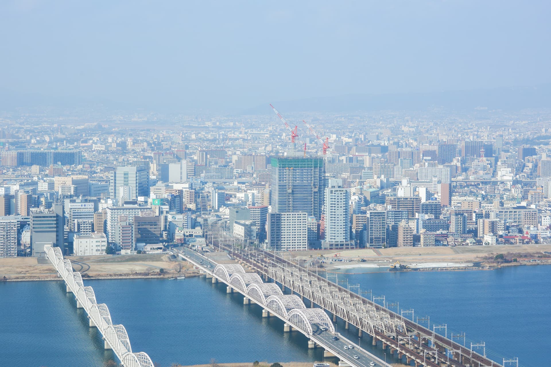 Daytime panoramic view — Yodogawa river and bridge from the observatory