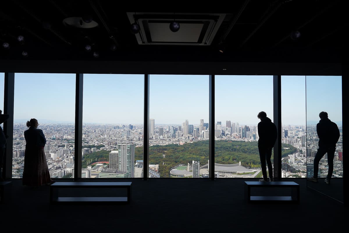 Shibuya Sky 45F indoor observatory with National Stadium view