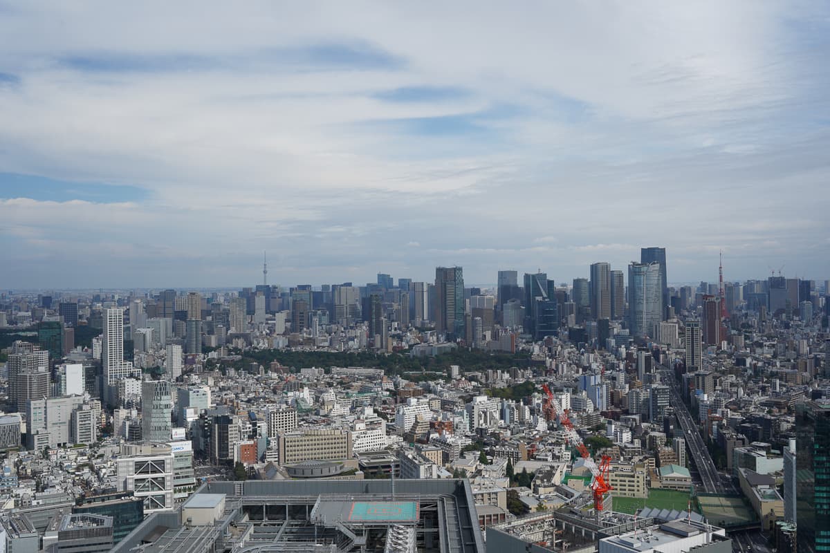 Tokyo Tower and Skytree panoramic view from Shibuya Sky