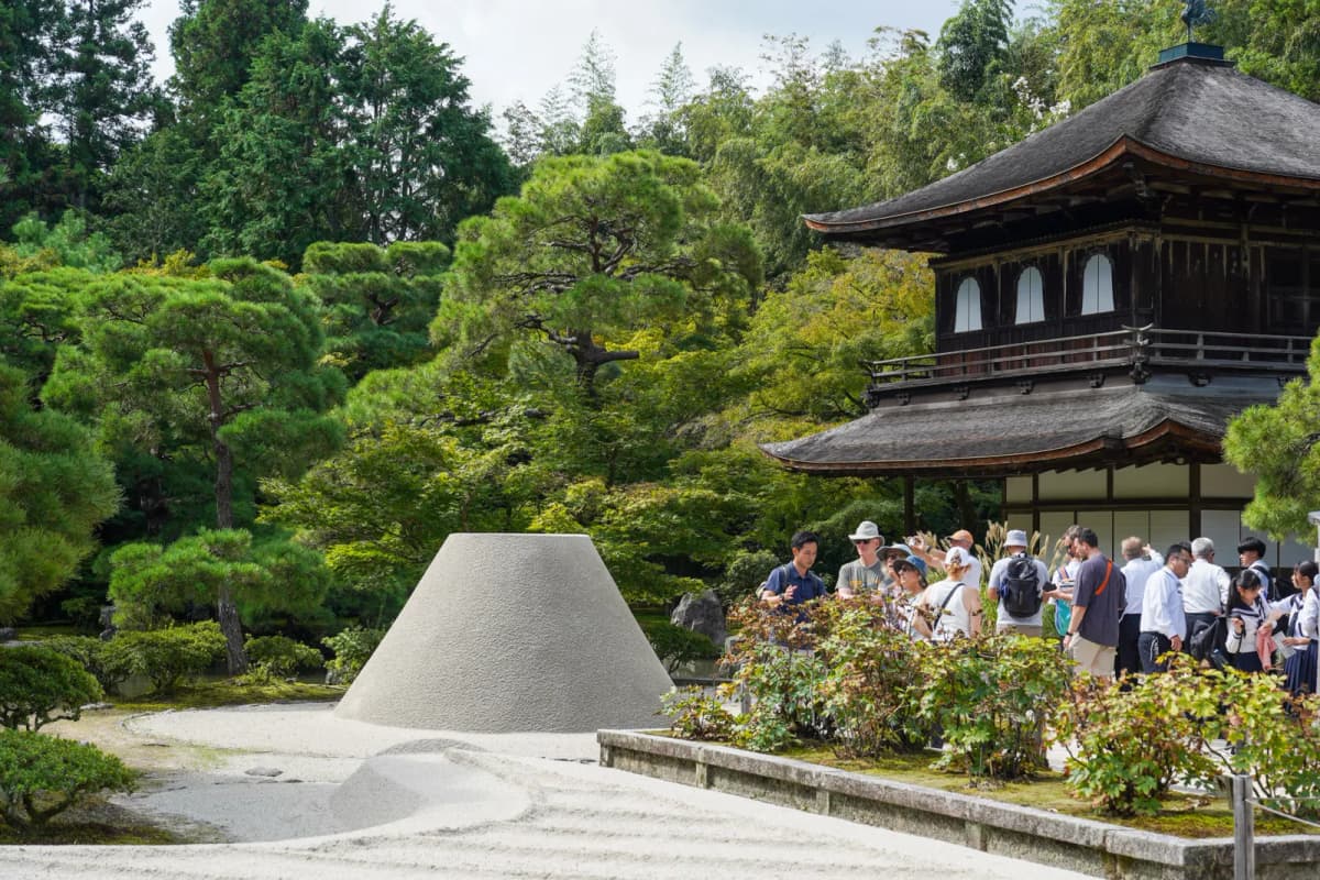 Ginkakuji's raked sand garden and sand cone in front of the Silver Pavilion