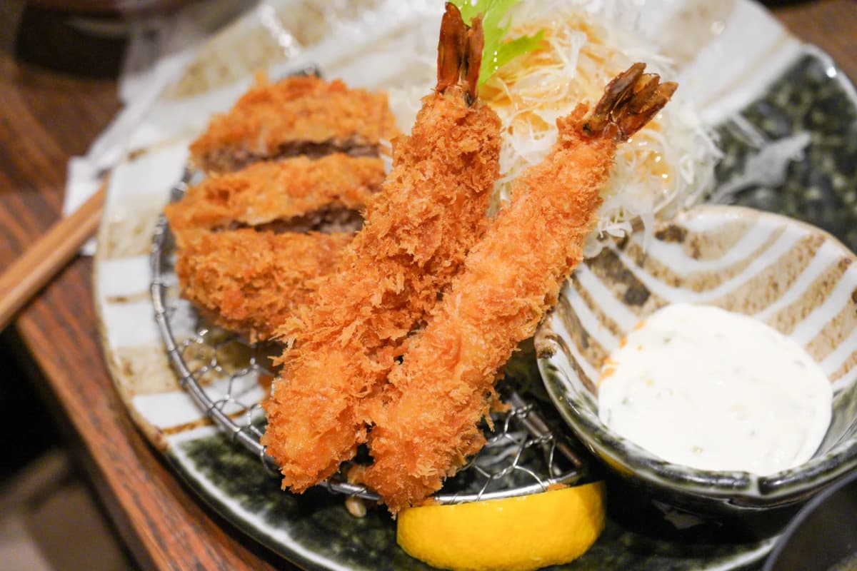 Jumbo fried shrimp and tonkatsu with tartar sauce at Katsukura