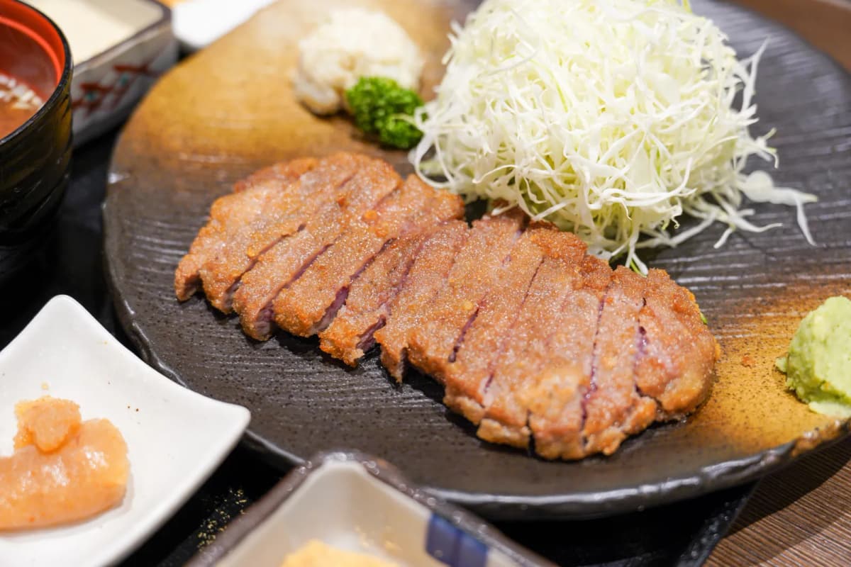 Gyukatsu with shredded cabbage, wasabi and mentaiko at Gyukatsu Motomura